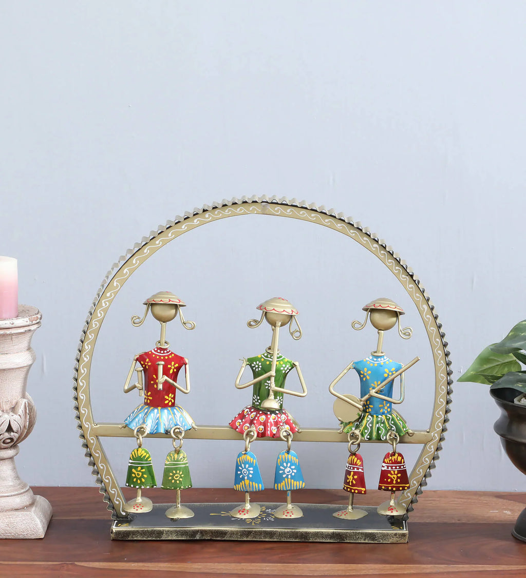 Handcrafted Tribal Musician Metal Art Showpiece – Vibrant Table Décor
