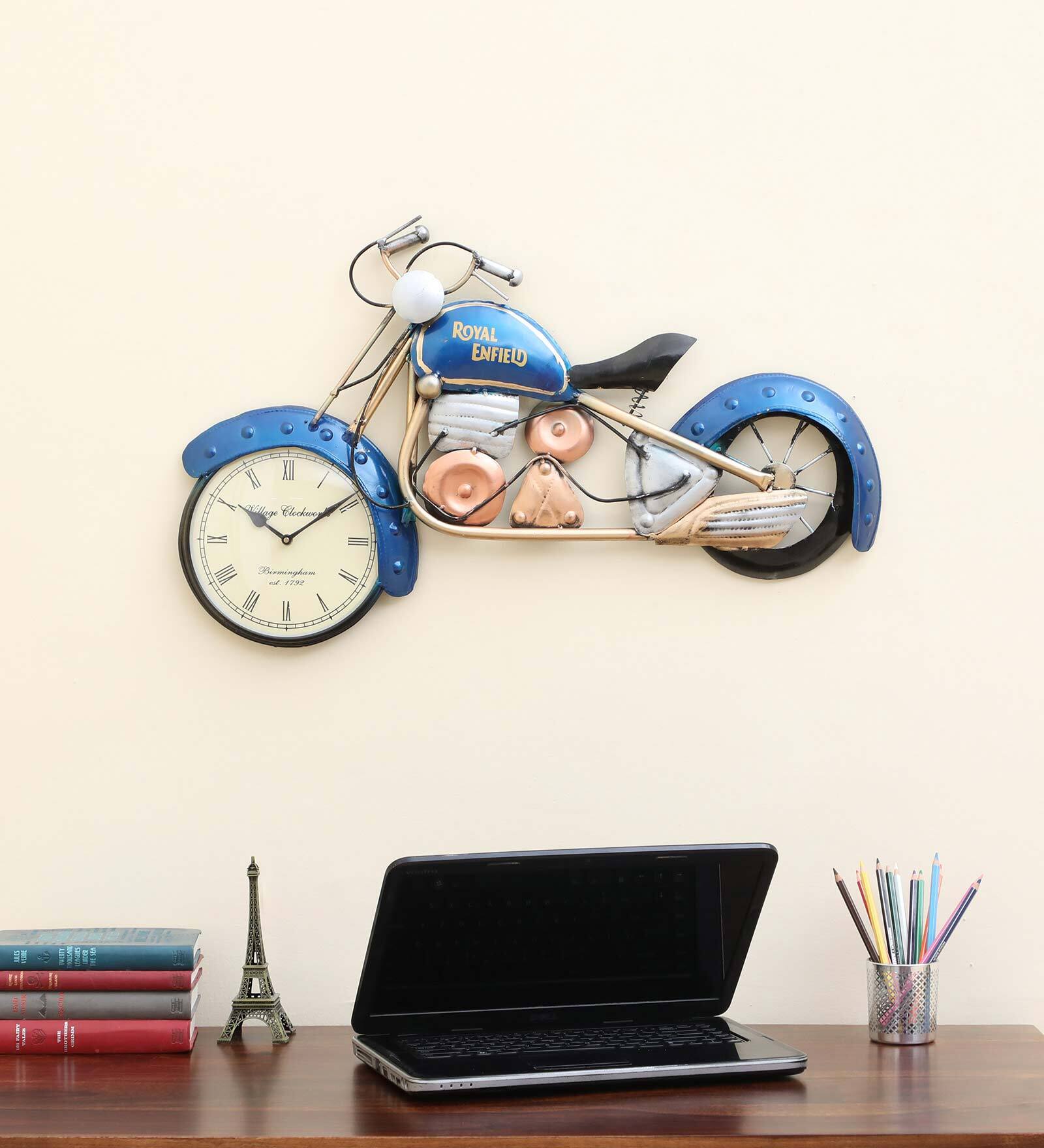 Blue Royal Enfield Bike Metal Wall Clock