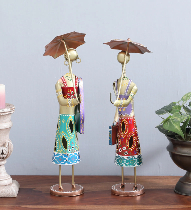 Handcrafted Iron Couple Figurines with Umbrella – Ethnic Home Decor Showpiece