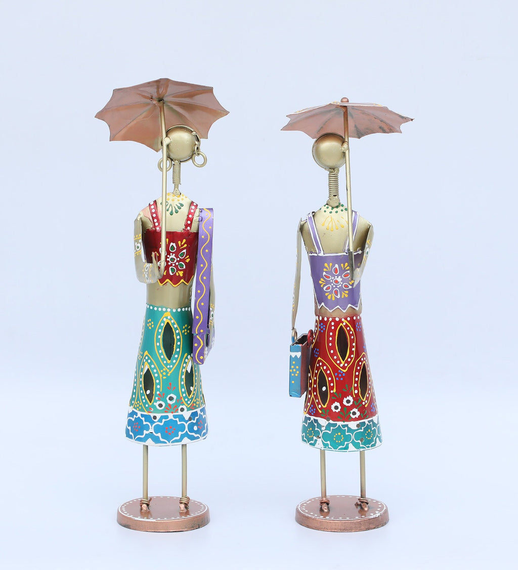 Handcrafted Iron Couple Figurines with Umbrella – Ethnic Home Decor Showpiece