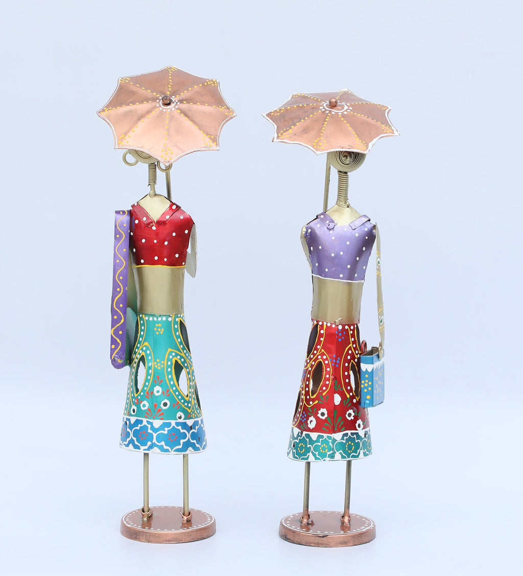 Handcrafted Iron Couple Figurines with Umbrella – Ethnic Home Decor Showpiece