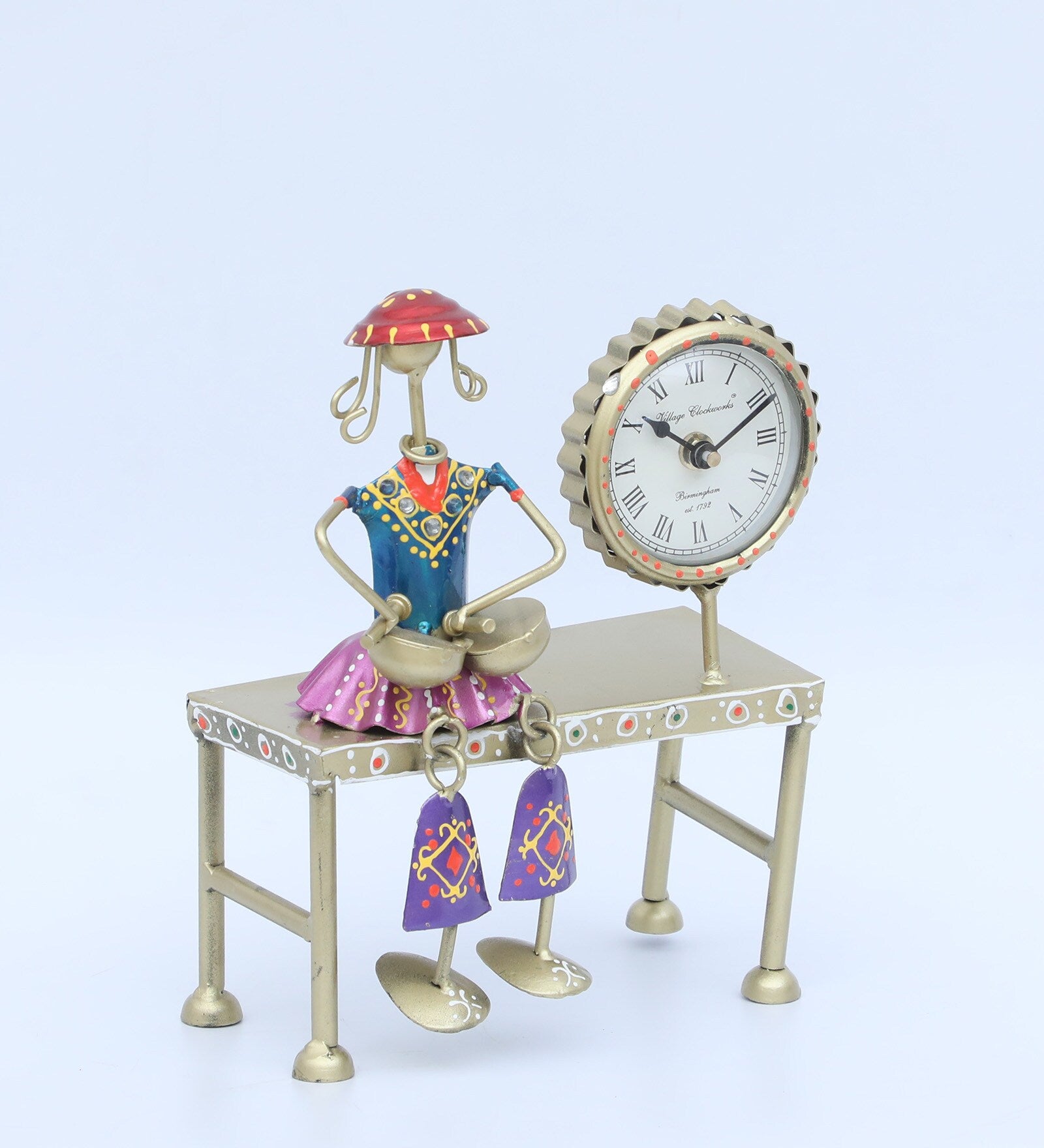 Handcrafted Tribal Musician Table Clock – Artistic Metal Figurine Timepiece Golden