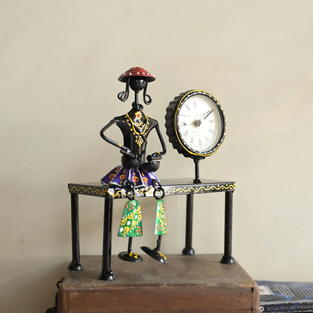 Handcrafted Iron Lady Musician Table Clock – Artistic Decor Accent (10 x 7 Inches)