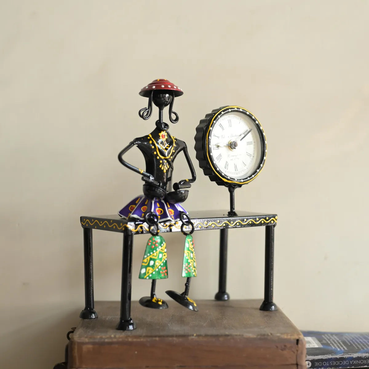 Handcrafted Iron Lady Musician Table Clock – Artistic Decor Accent (10 x 7 Inches)