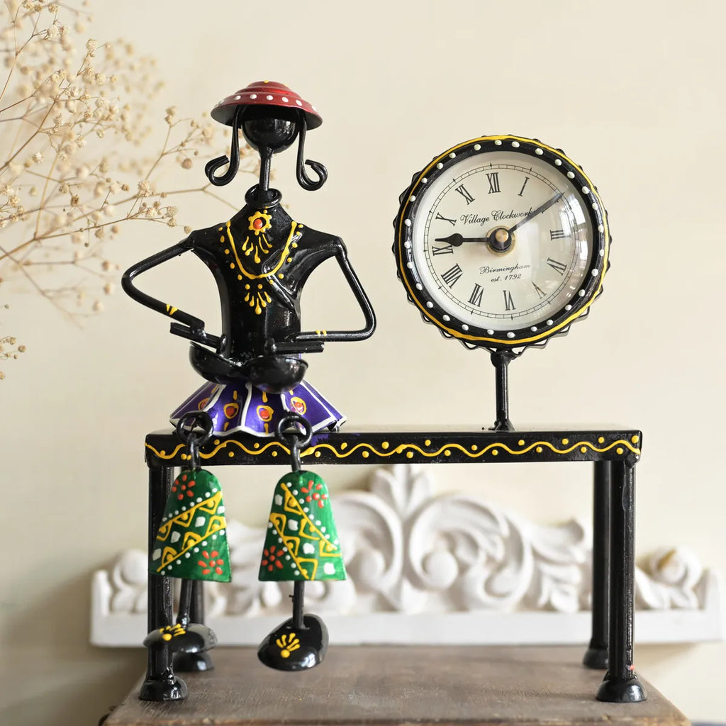 Handcrafted Iron Lady Musician Table Clock – Artistic Decor Accent (10 x 7 Inches)