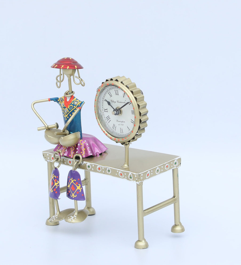 Handcrafted Tribal Musician Table Clock – Artistic Metal Figurine Timepiece Golden