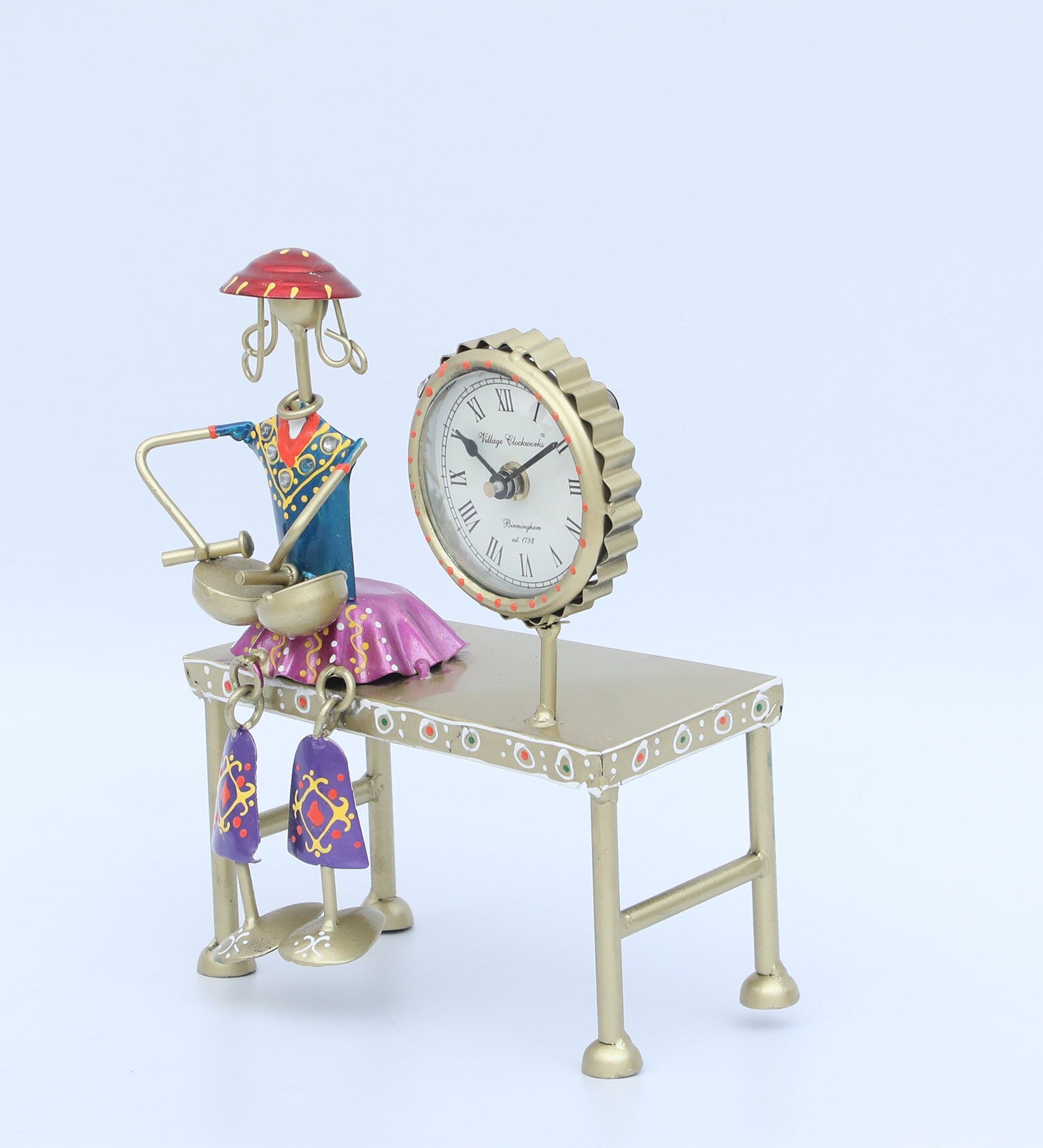 Handcrafted Tribal Musician Table Clock – Artistic Metal Figurine Timepiece Golden