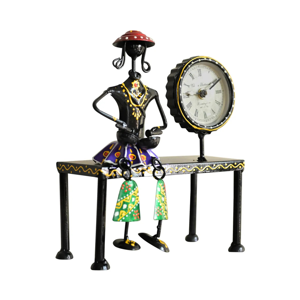 Handcrafted Iron Lady Musician Table Clock – Artistic Decor Accent (10 x 7 Inches)