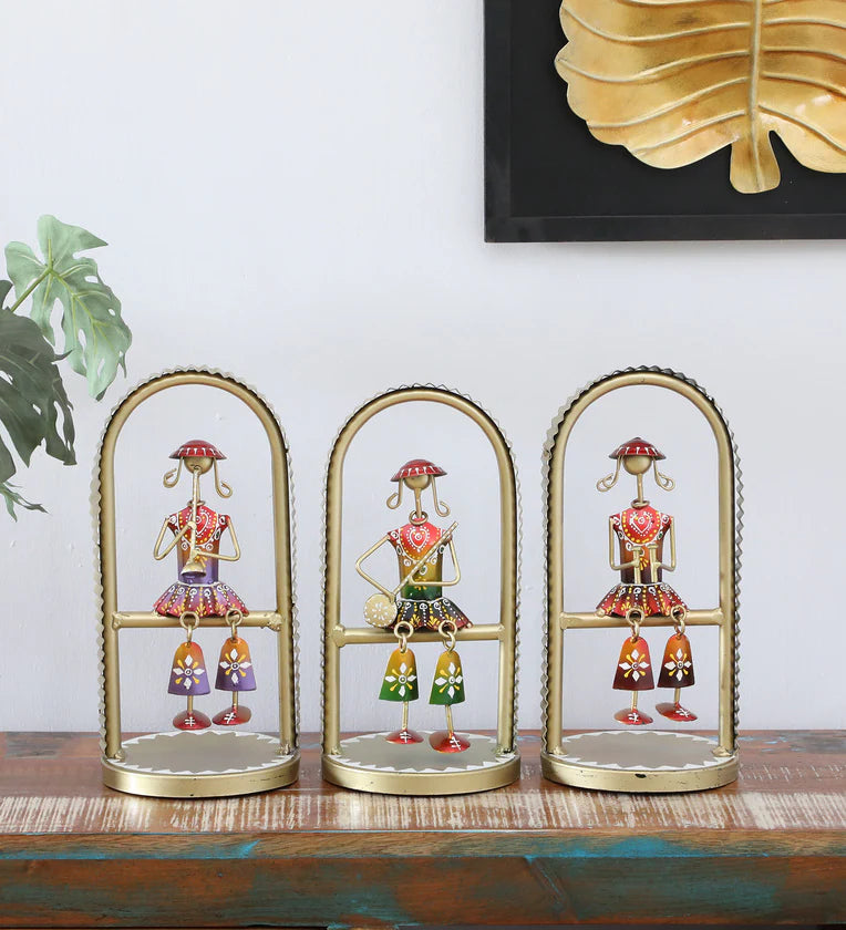 Set of 3 Handcrafted Metal Musician Figurines in Arched Frame – Multicolor Tribal Art Showpieces