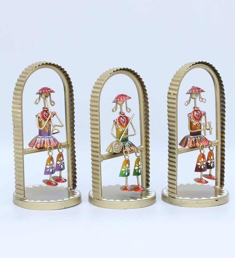 Set of 3 Handcrafted Metal Musician Figurines in Arched Frame – Multicolor Tribal Art Showpieces
