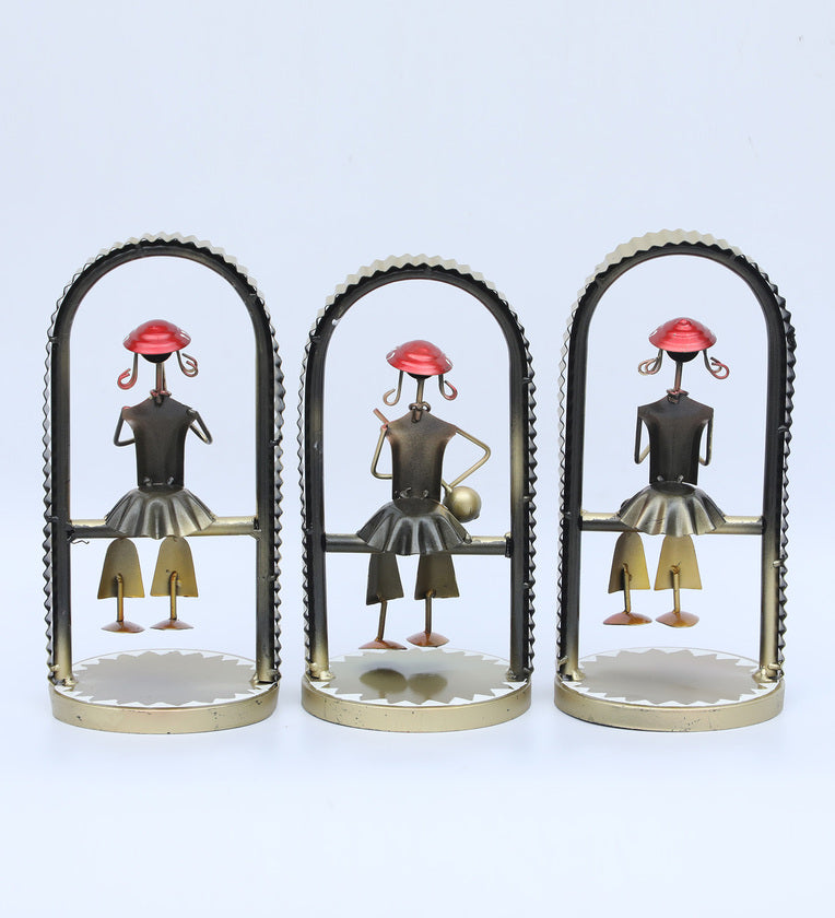 Set of 3 Handcrafted Metal Musician Figurines in Arched Frame – Multicolor Tribal Art Showpieces