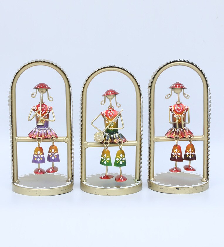 Set of 3 Handcrafted Metal Musician Figurines in Arched Frame – Multicolor Tribal Art Showpieces