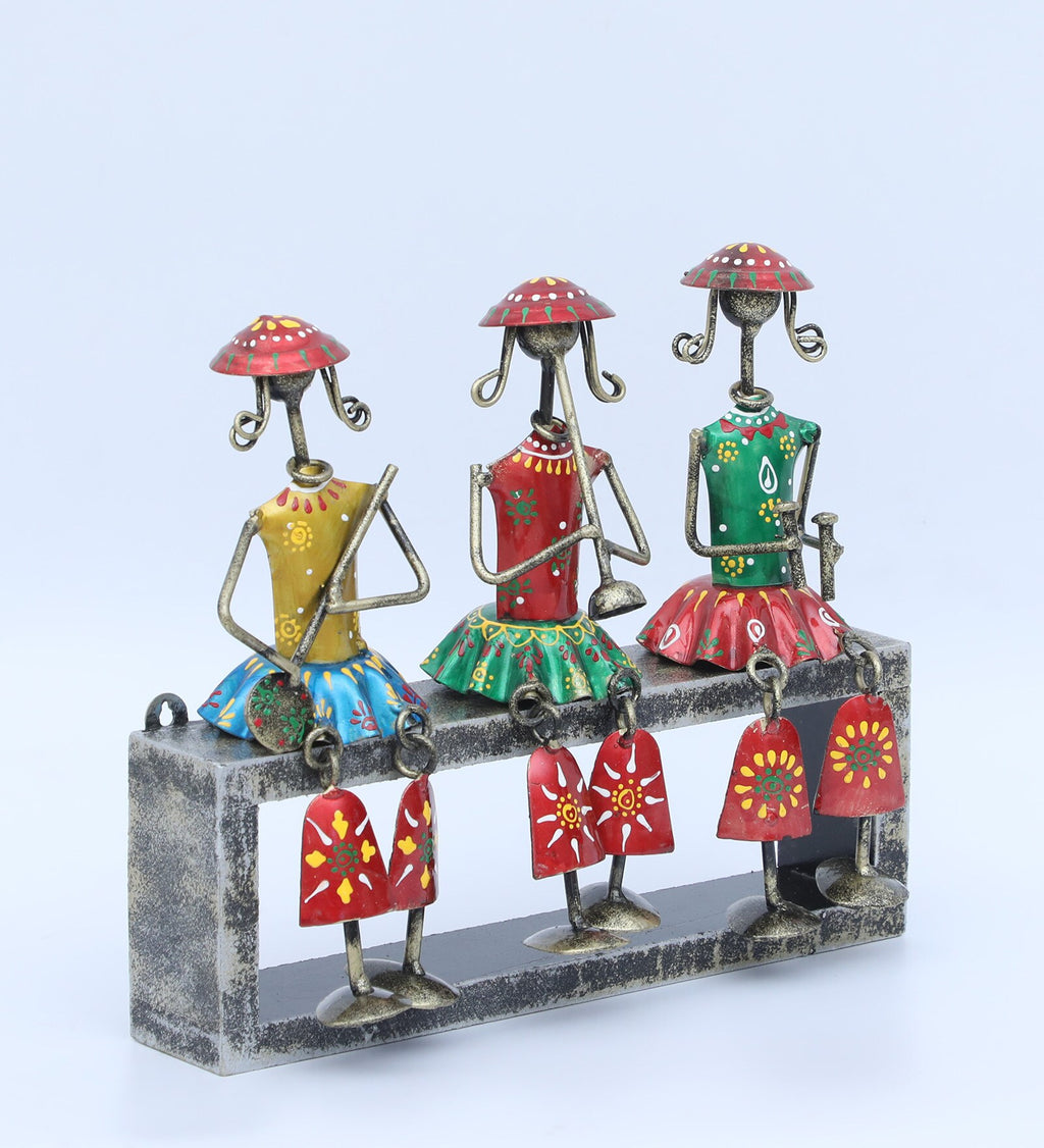 Tribal Musician Trio on Platform – Handcrafted Metal Art Showpiece