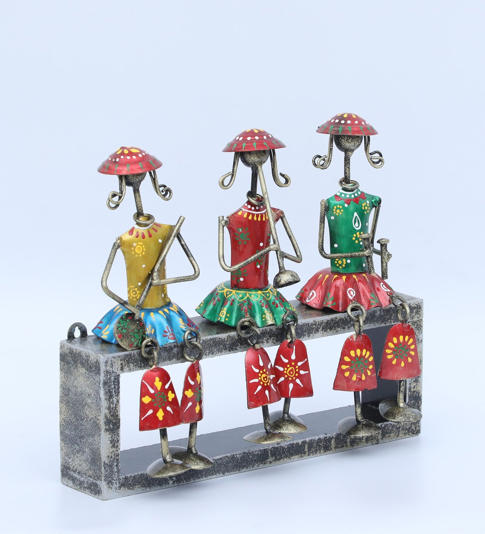 Tribal Musician Trio on Platform – Handcrafted Metal Art Showpiece
