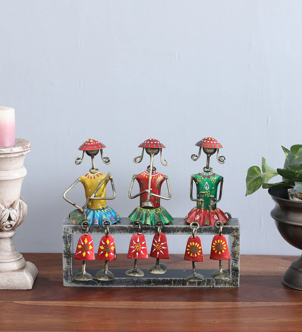 Tribal Musician Trio on Platform – Handcrafted Metal Art Showpiece