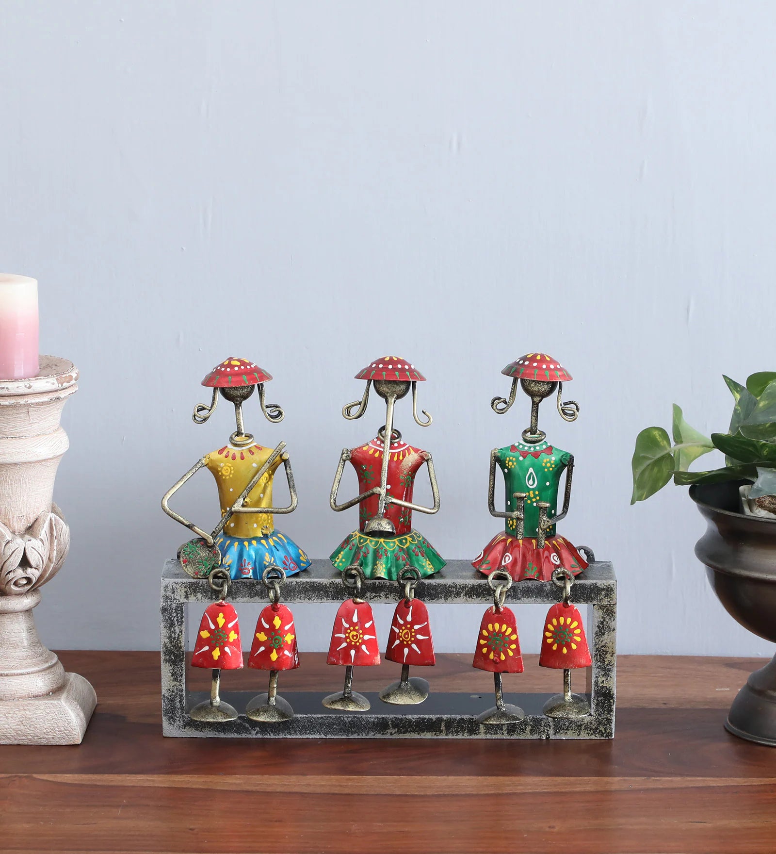 Tribal Musician Trio on Platform – Handcrafted Metal Art Showpiece