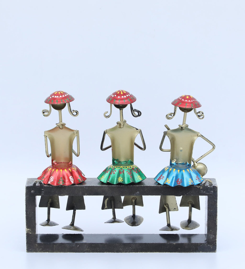 Tribal Musician Trio on Platform – Handcrafted Metal Art Showpiece