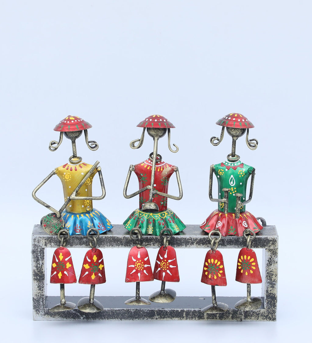 Tribal Musician Trio on Platform – Handcrafted Metal Art Showpiece