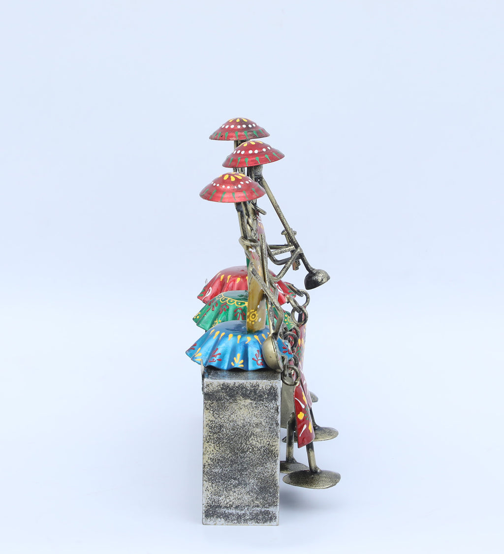 Tribal Musician Trio on Platform – Handcrafted Metal Art Showpiece