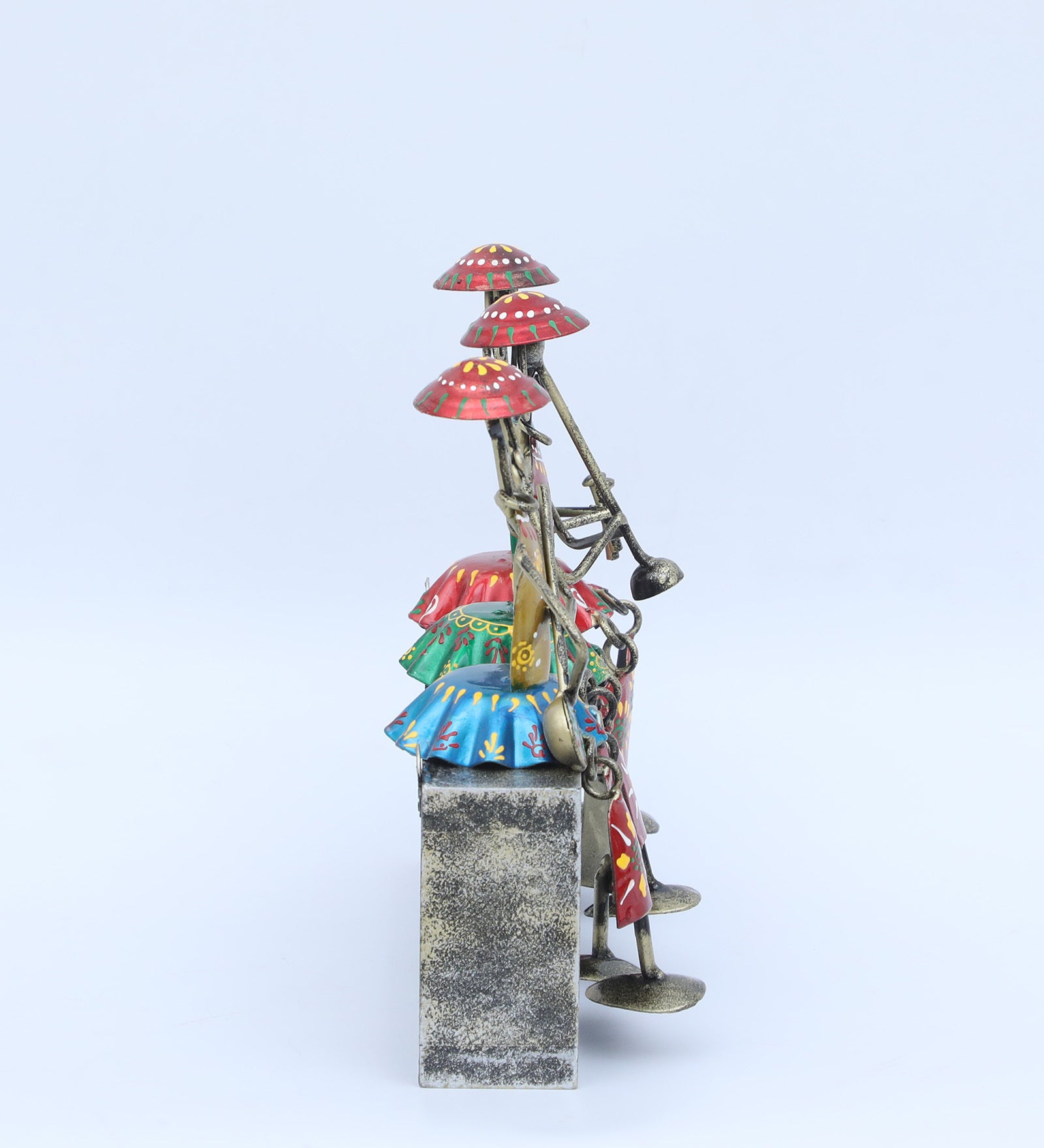 Tribal Musician Trio on Platform – Handcrafted Metal Art Showpiece