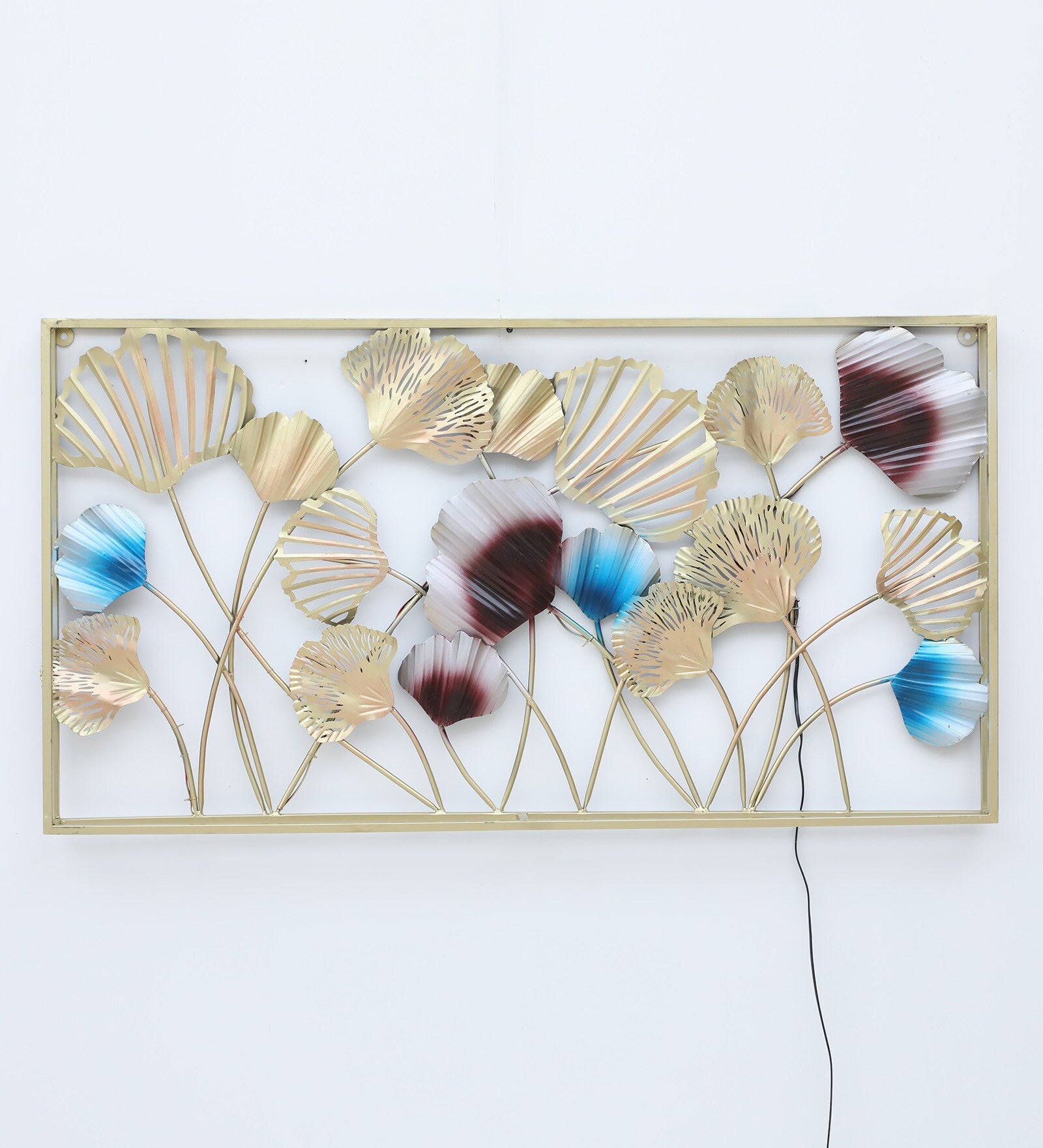 Golden & Blue Floral Metal Wall Art with LED Backlight – 50x26 Inch