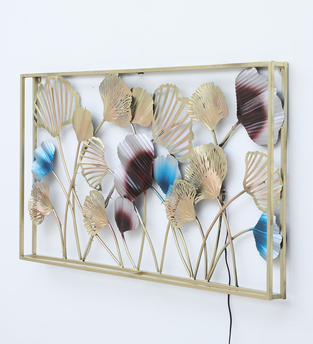 Golden & Blue Floral Metal Wall Art with LED Backlight – 50x26 Inch