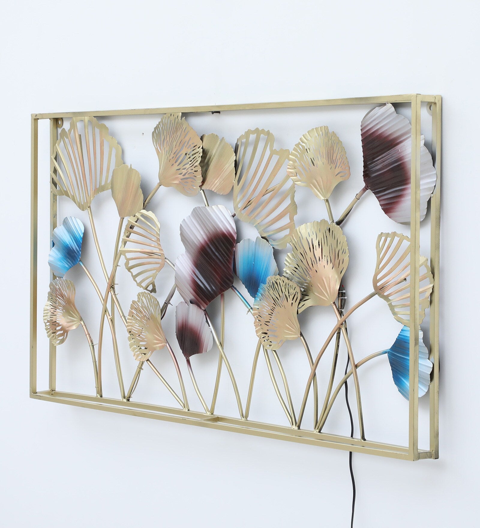 Golden & Blue Floral Metal Wall Art with LED Backlight – 50x26 Inch