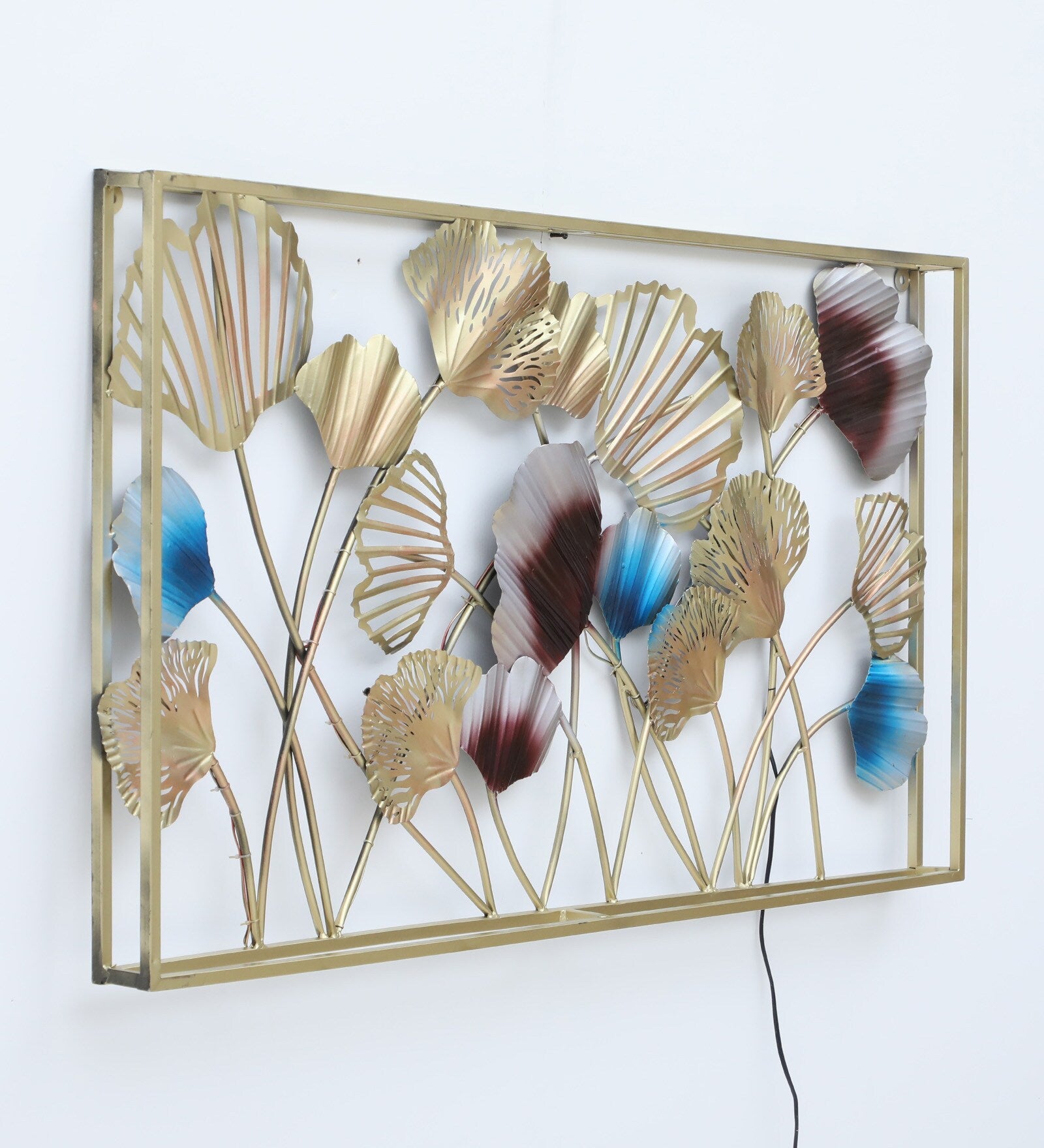 Golden & Blue Floral Metal Wall Art with LED Backlight – 50x26 Inch