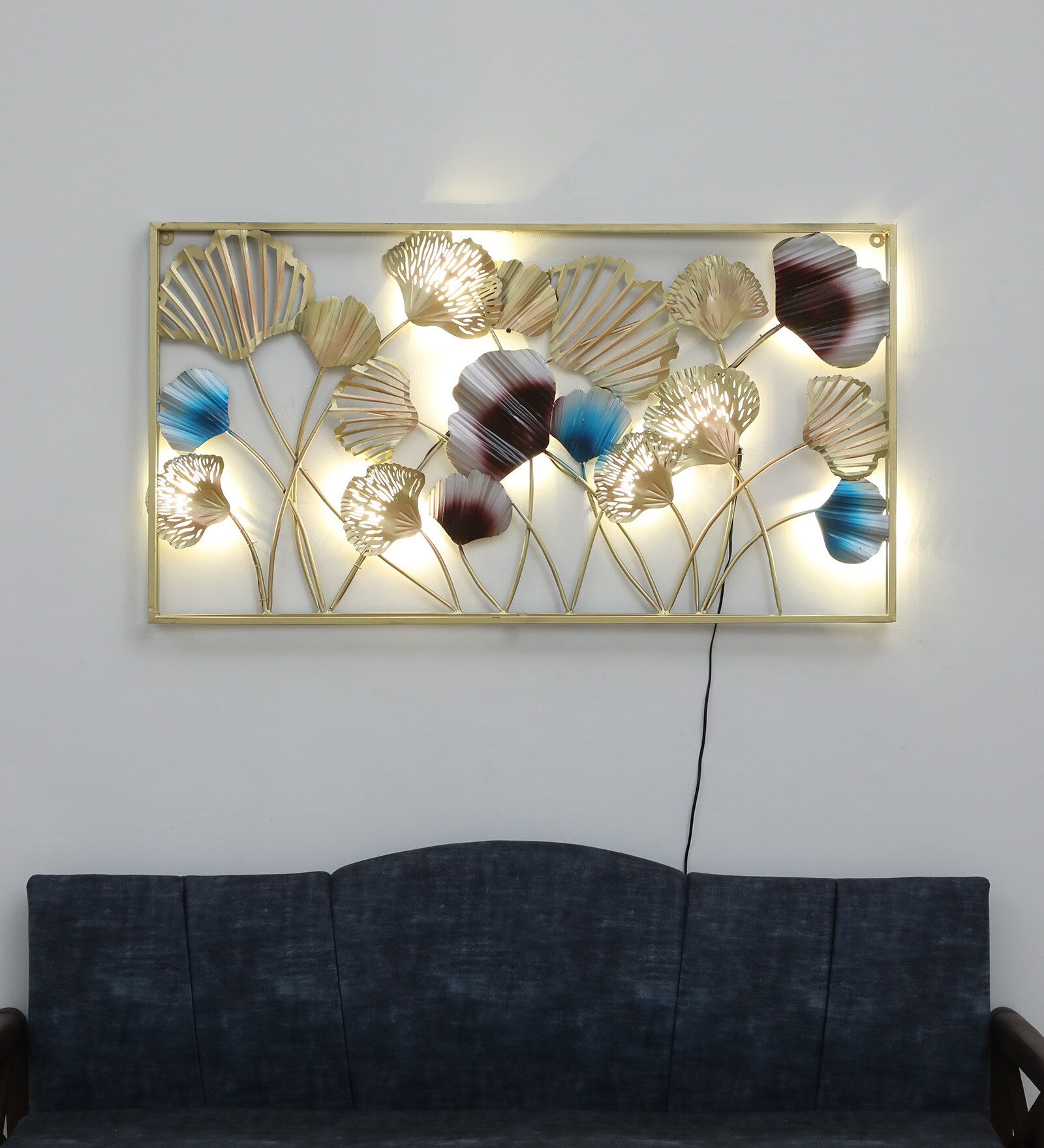 Golden & Blue Floral Metal Wall Art with LED Backlight – 50x26 Inch