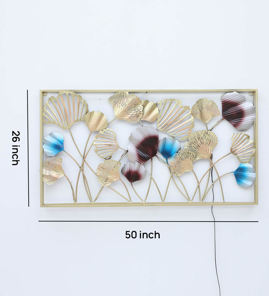 Golden & Blue Floral Metal Wall Art with LED Backlight – 50x26 Inch