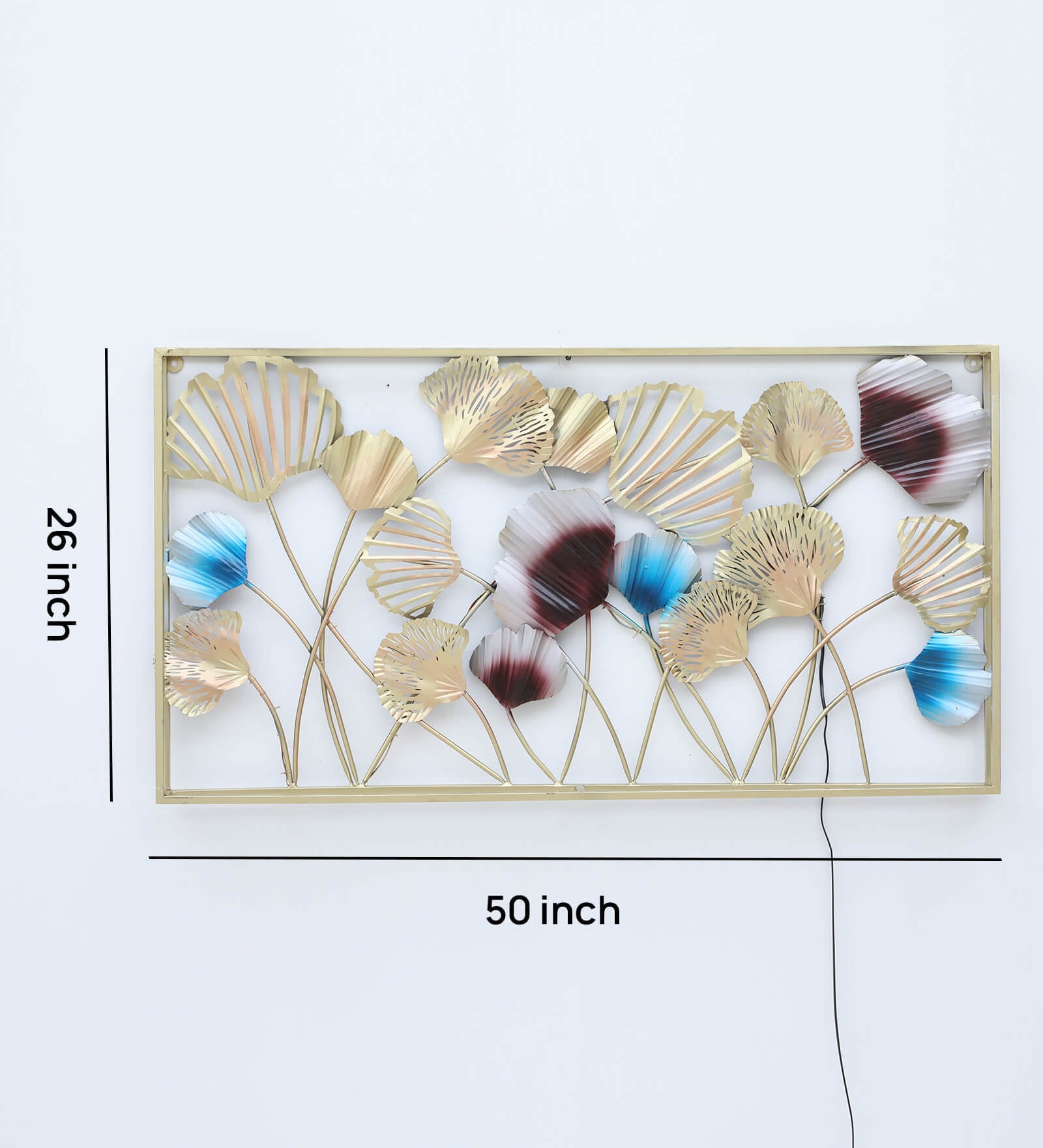 Golden & Blue Floral Metal Wall Art with LED Backlight – 50x26 Inch