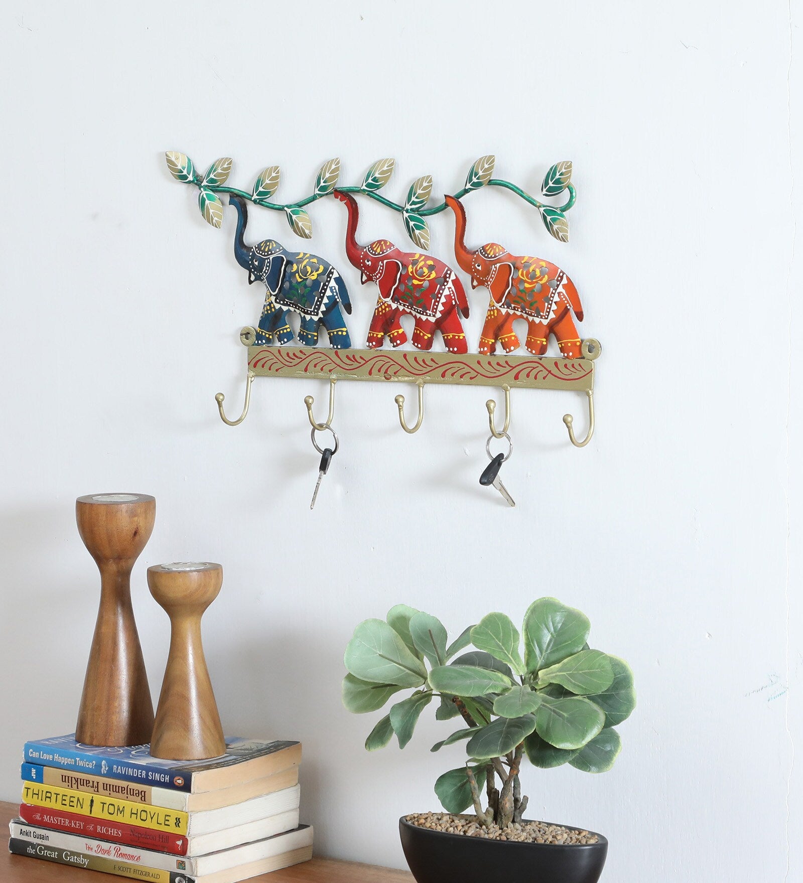 Handcrafted Colorful Elephant Metal Wall Key Holder