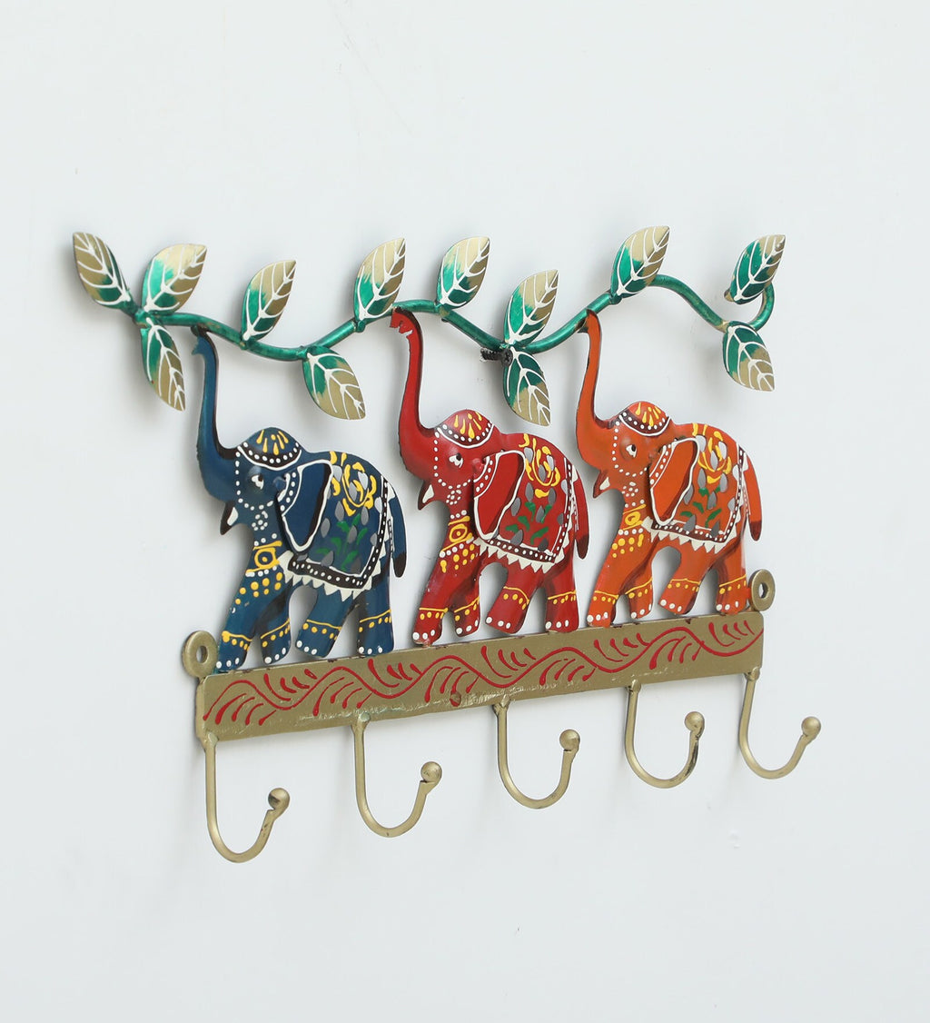 Handcrafted Colorful Elephant Metal Wall Key Holder