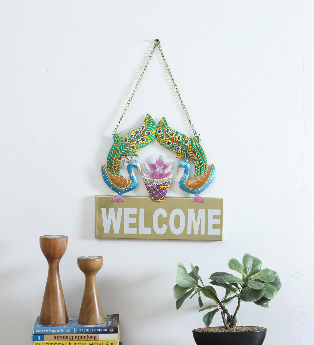 Handcrafted Metal Peacock "Welcome" Wall Hanging