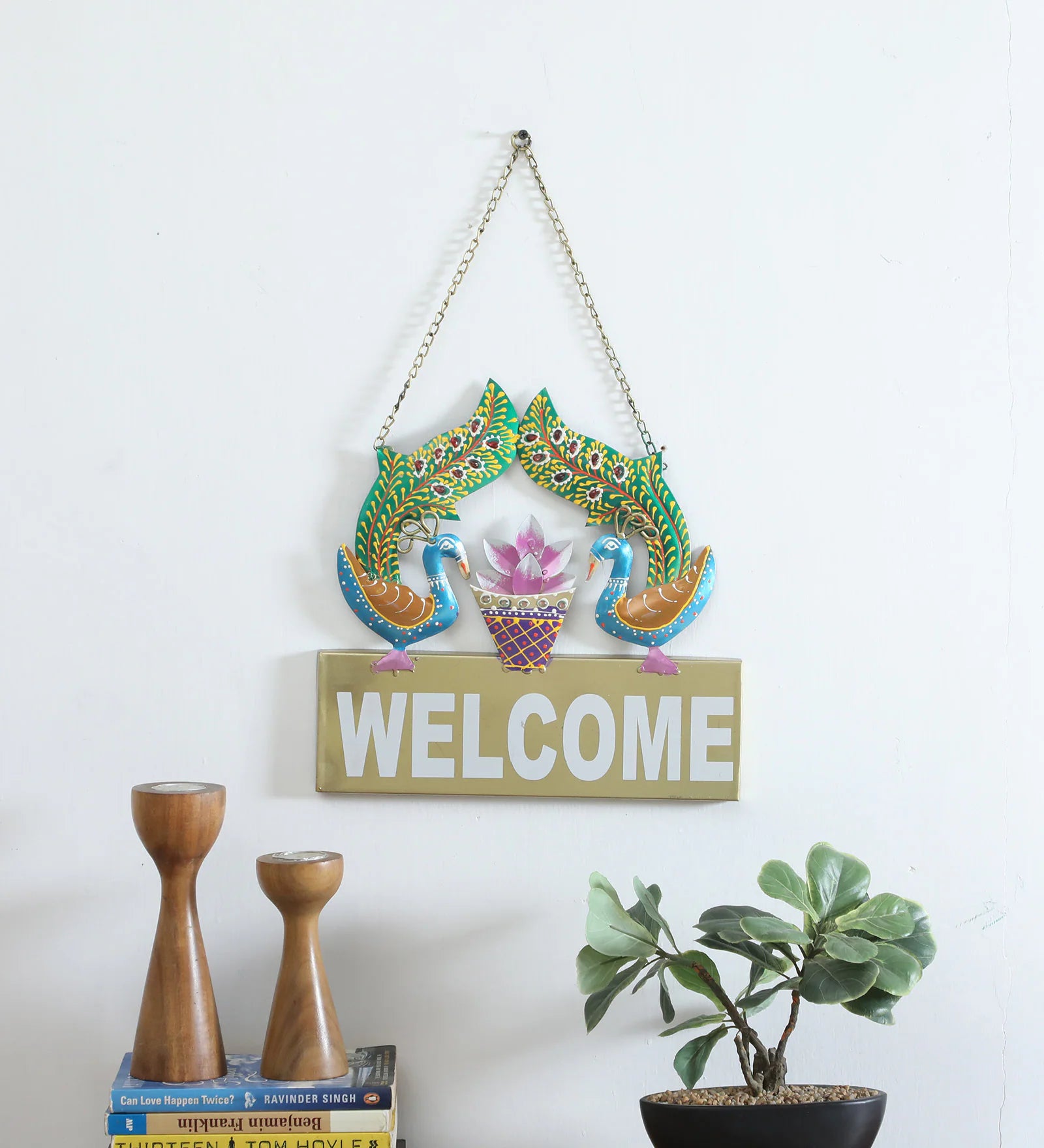 Handcrafted Metal Peacock "Welcome" Wall Hanging