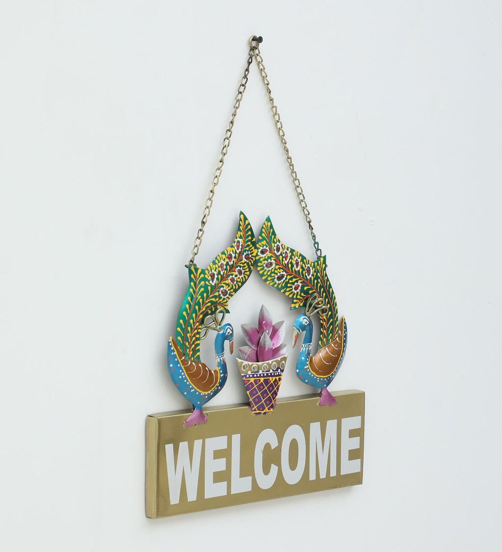 Handcrafted Metal Peacock "Welcome" Wall Hanging