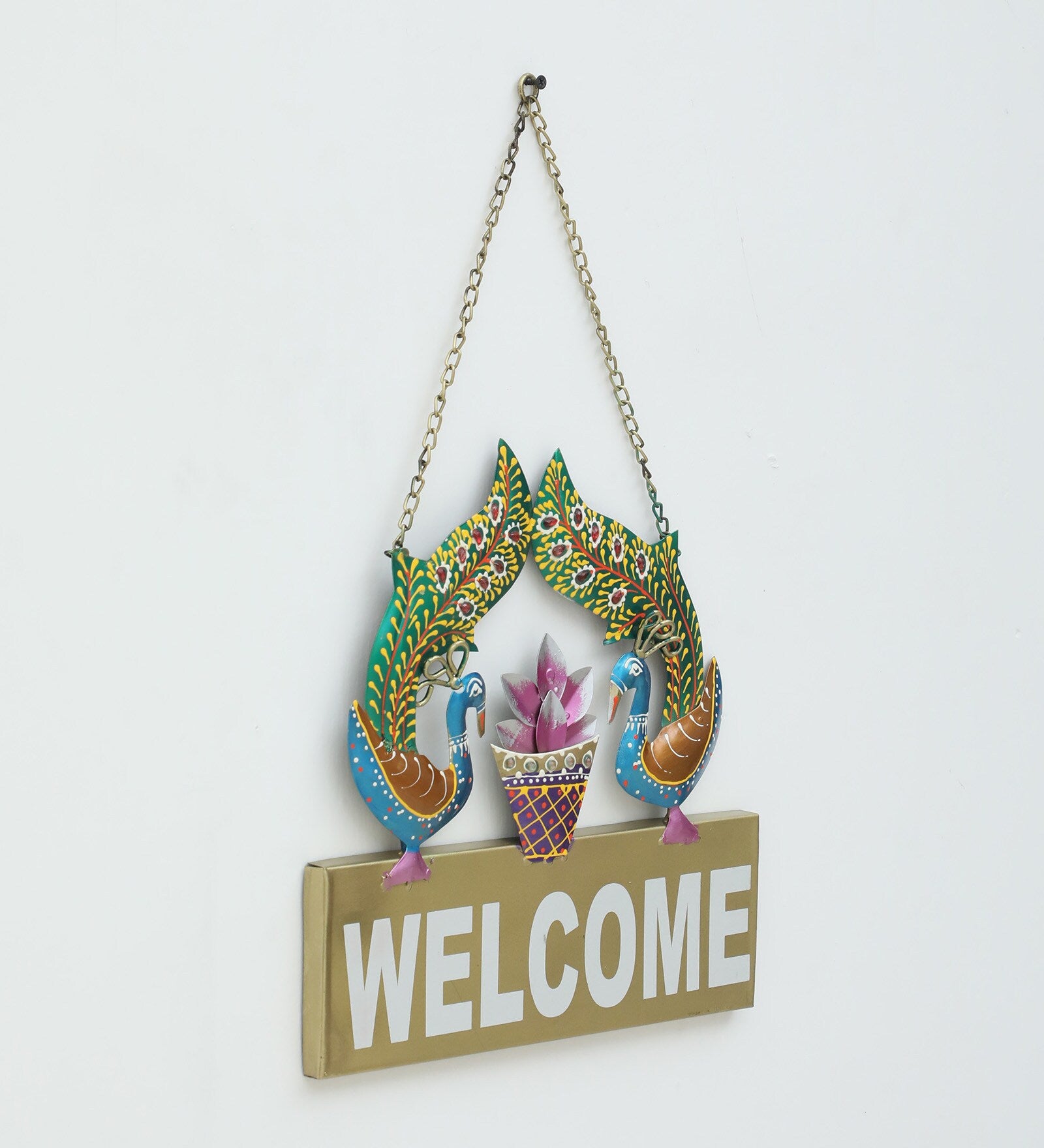 Handcrafted Metal Peacock "Welcome" Wall Hanging