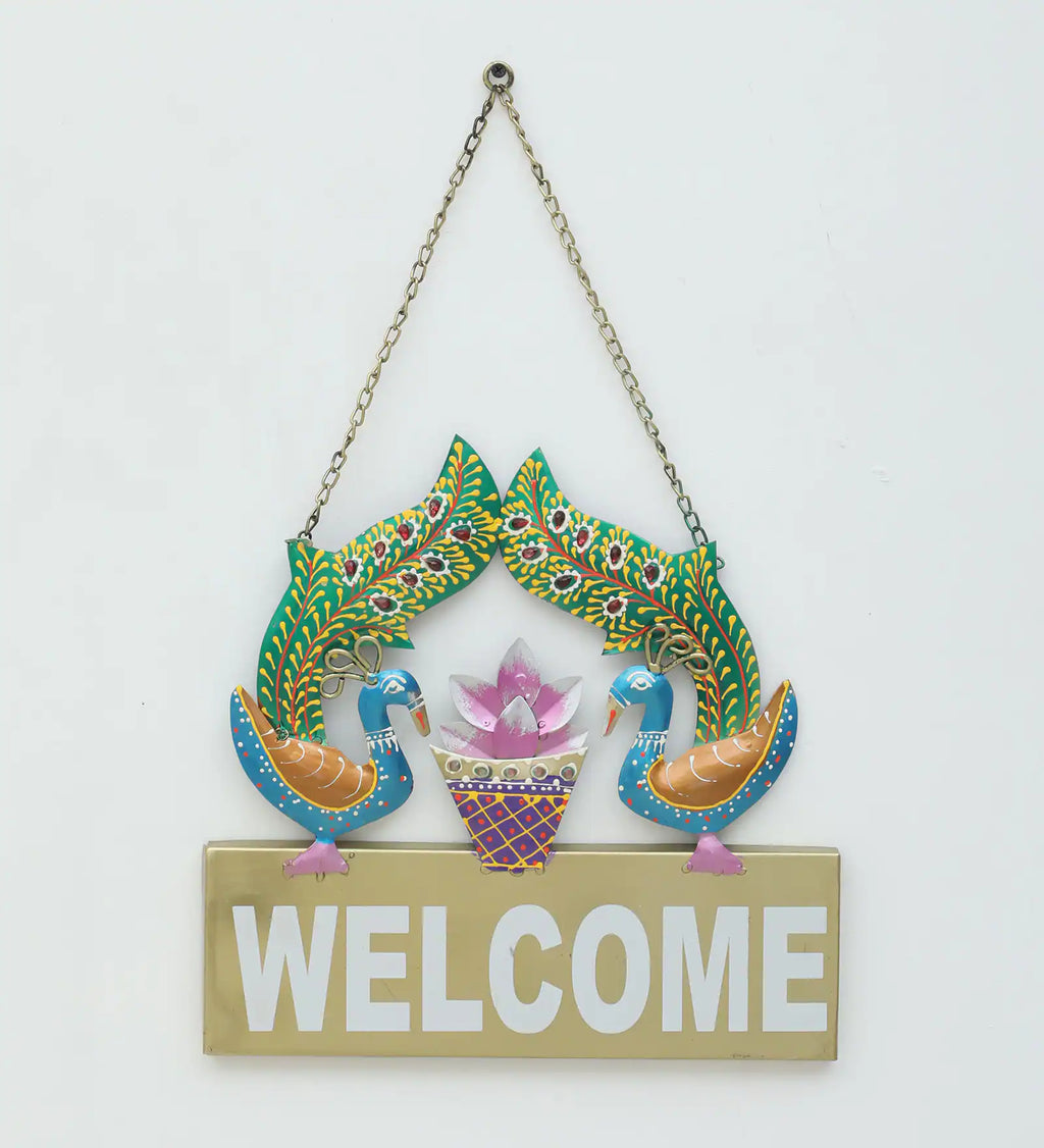 Handcrafted Metal Peacock "Welcome" Wall Hanging
