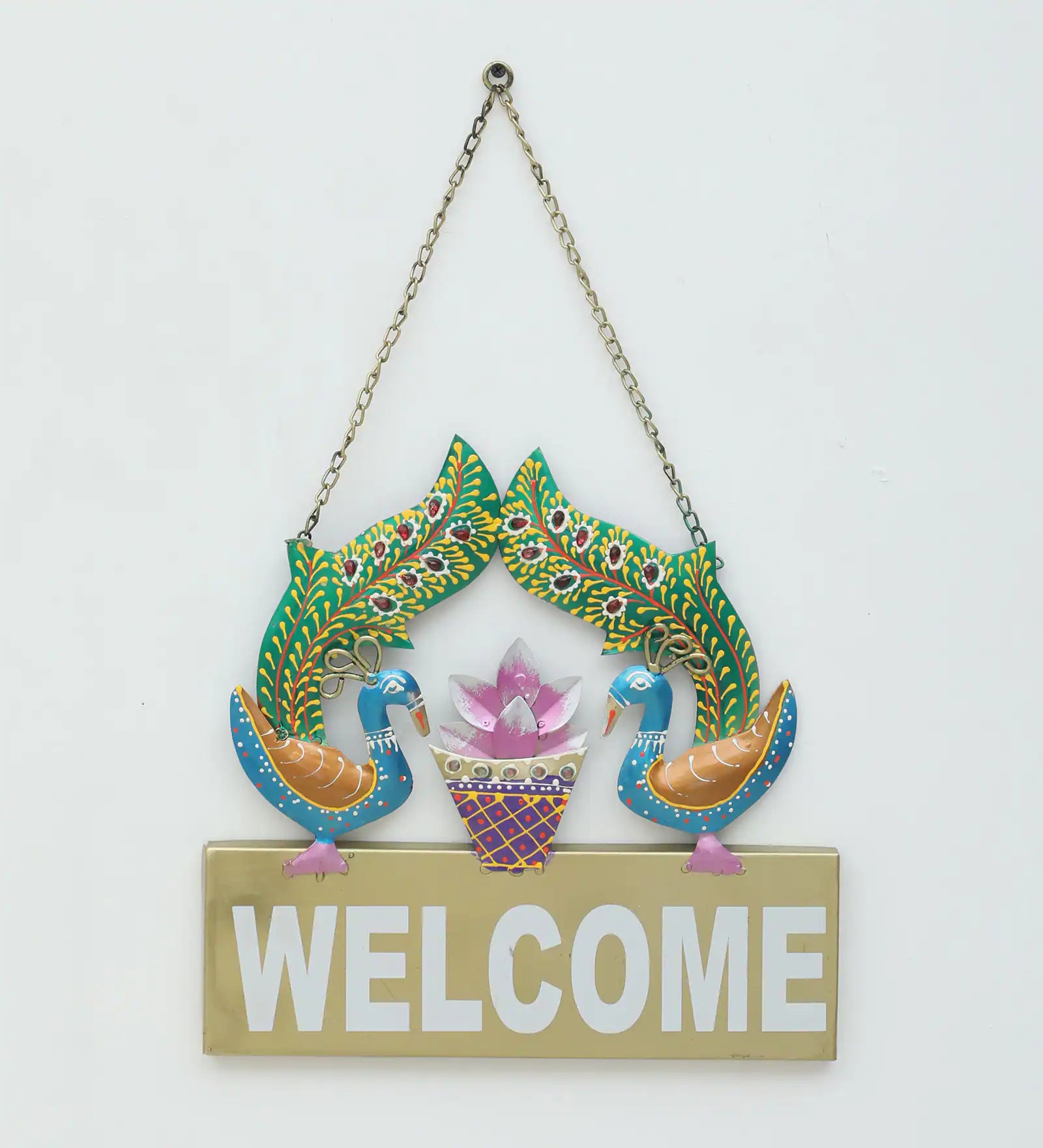 Handcrafted Metal Peacock "Welcome" Wall Hanging
