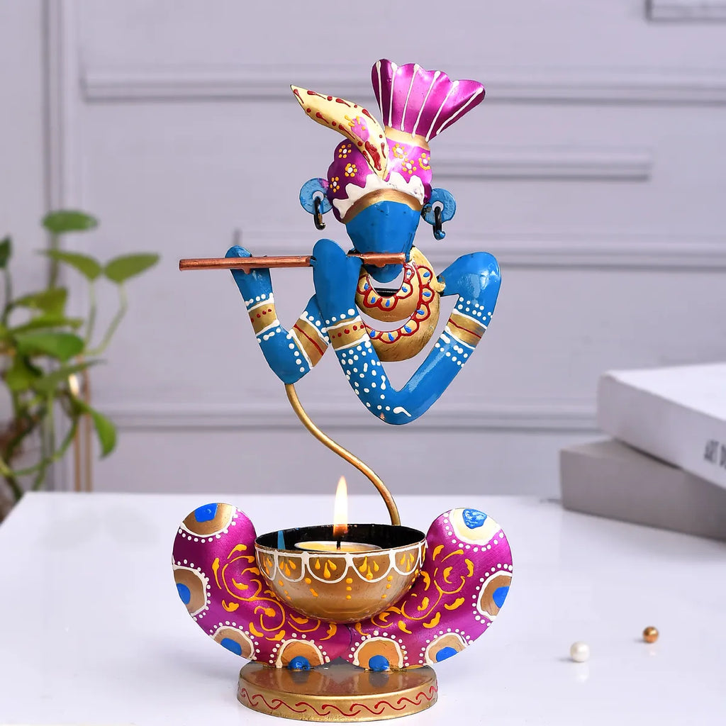 Handcrafted Blue Krishna Metal Tealight Holder