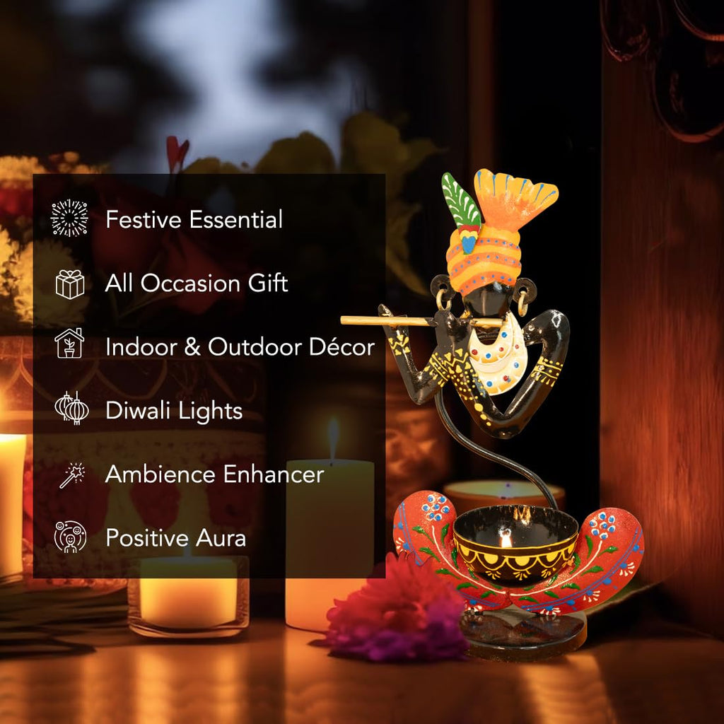 Handcrafted Metal Krishna Tealight Holder – Vibrant Home Decor Accent