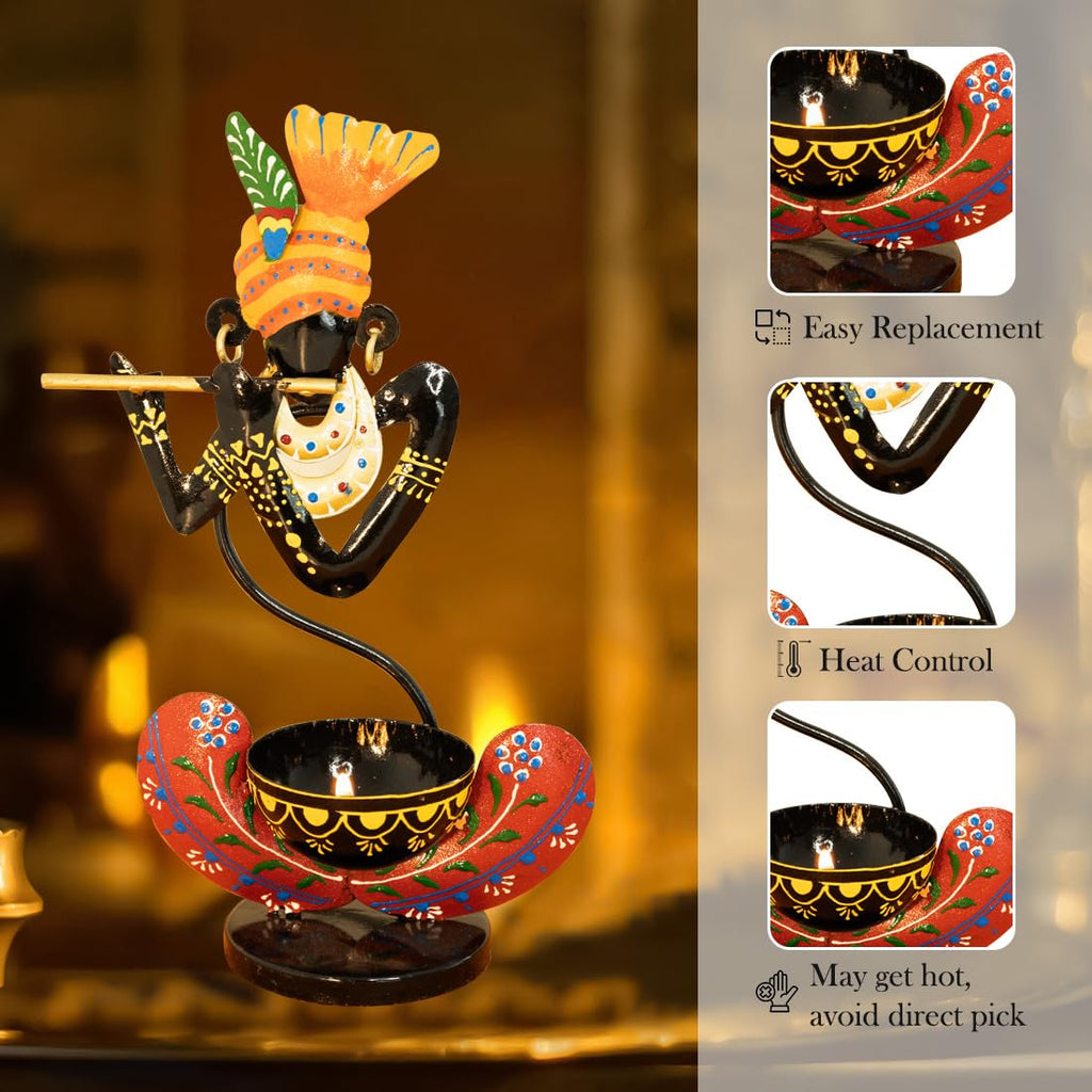Handcrafted Metal Krishna Tealight Holder – Vibrant Home Decor Accent