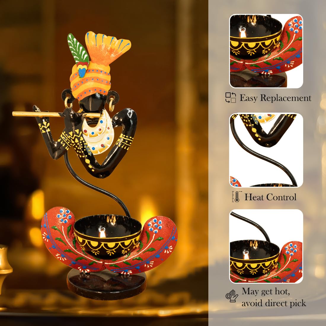 Handcrafted Metal Krishna Tealight Holder – Vibrant Home Decor Accent