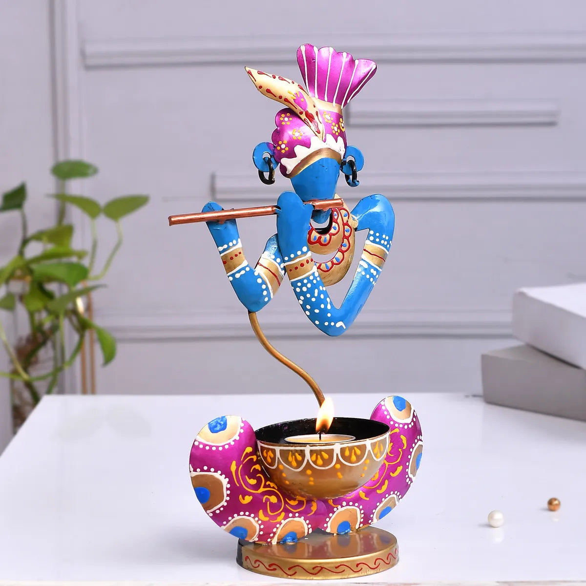 Handcrafted Blue Krishna Metal Tealight Holder