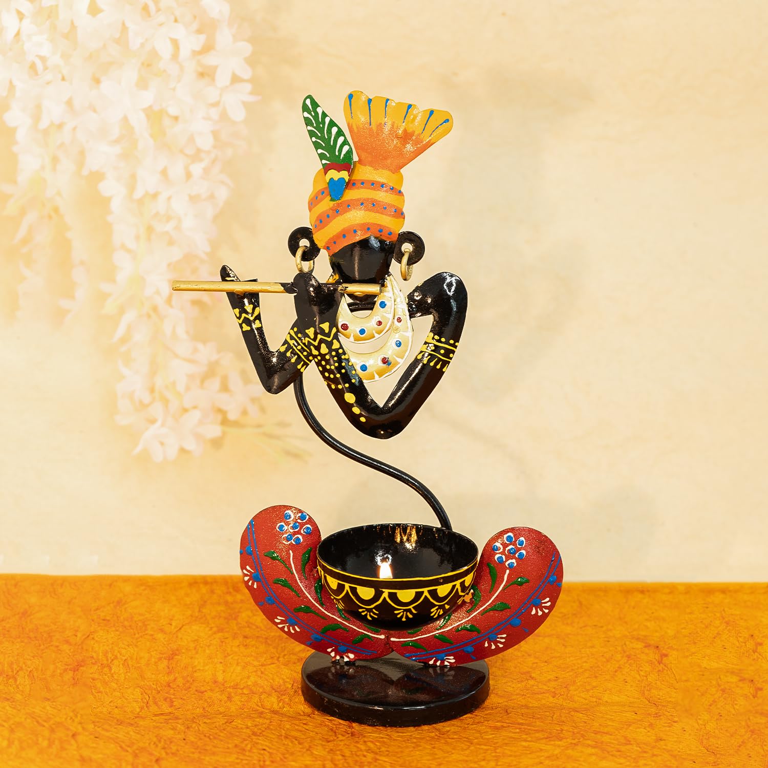 Handcrafted Metal Krishna Tealight Holder – Vibrant Home Decor Accent