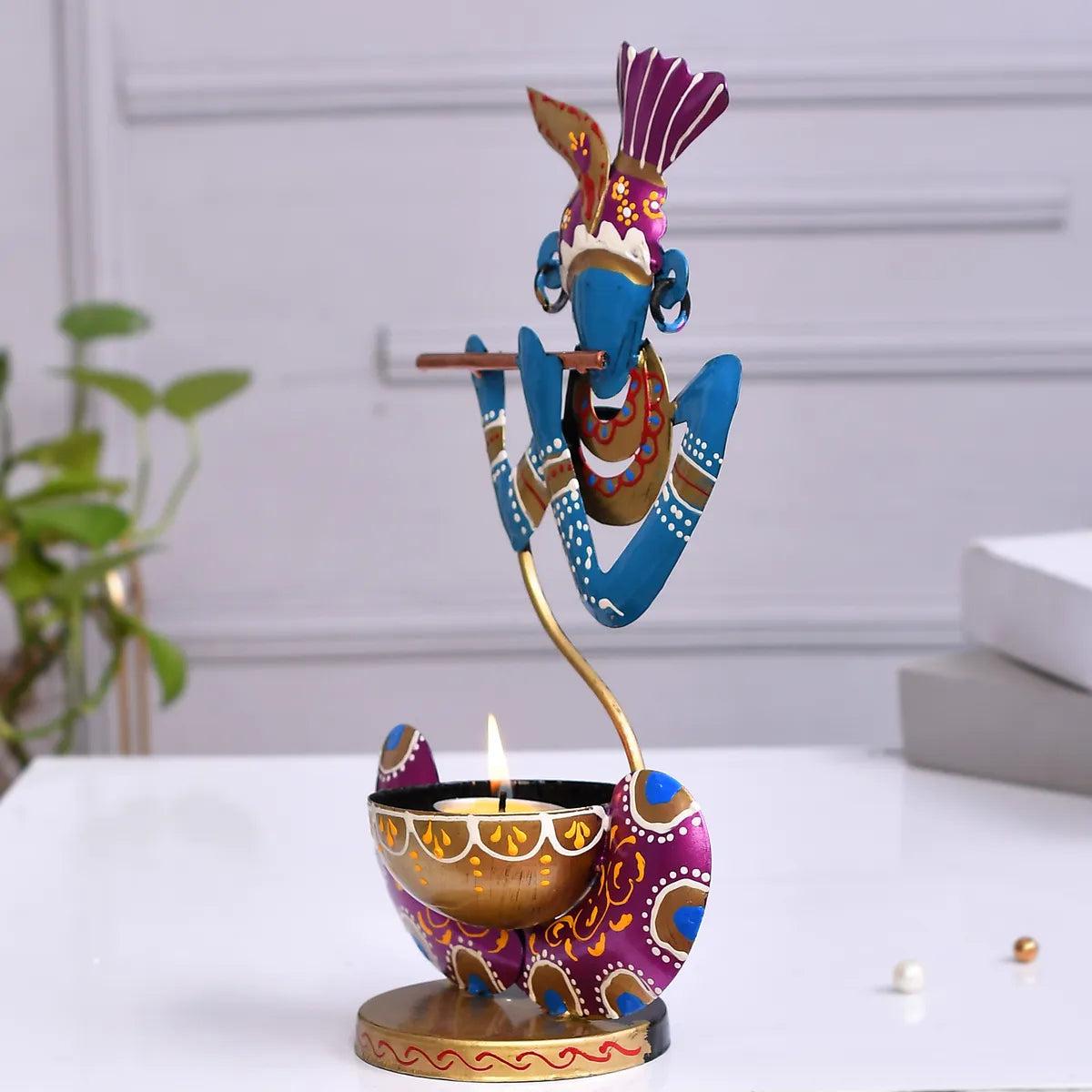 Handcrafted Blue Krishna Metal Tealight Holder