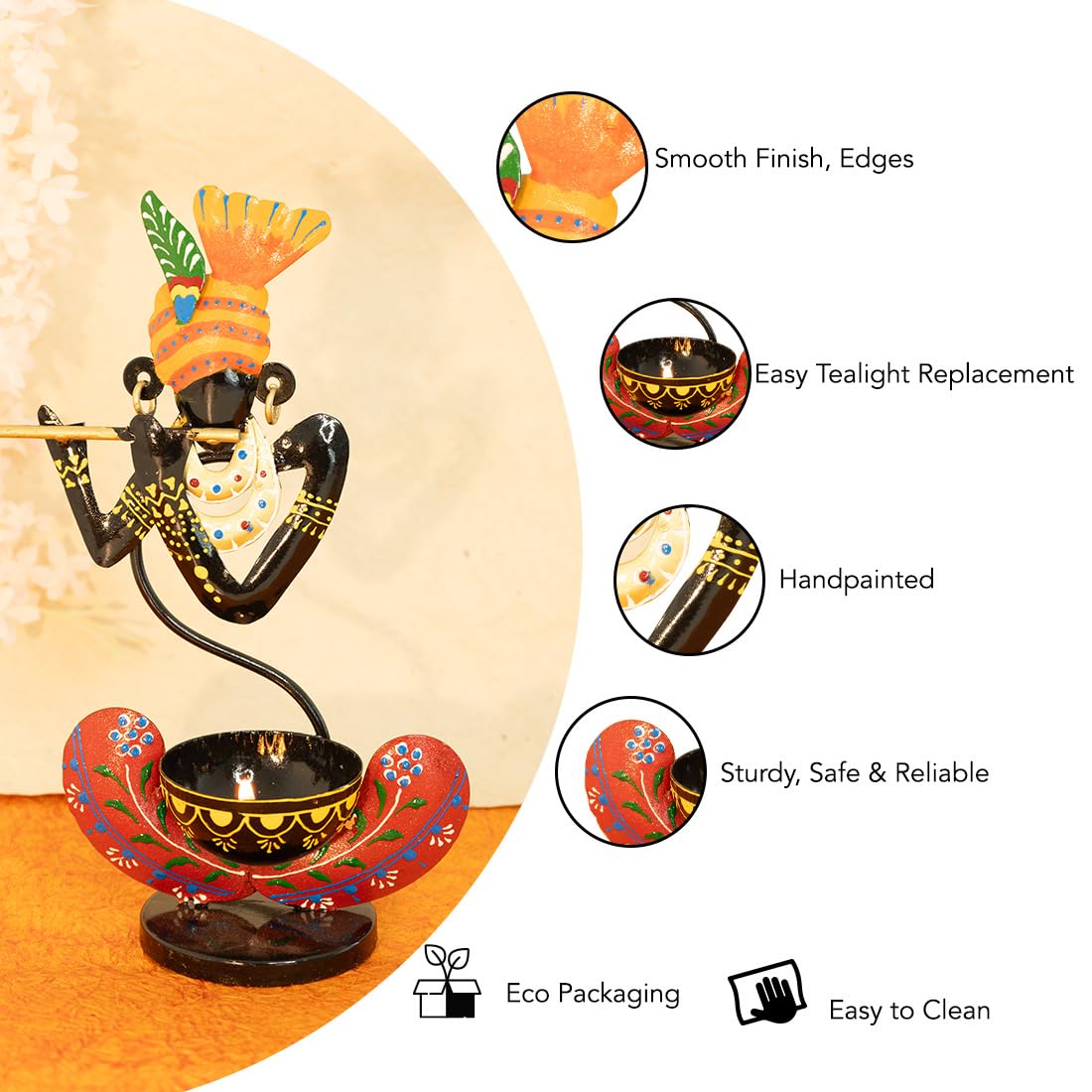 Handcrafted Metal Krishna Tealight Holder – Vibrant Home Decor Accent