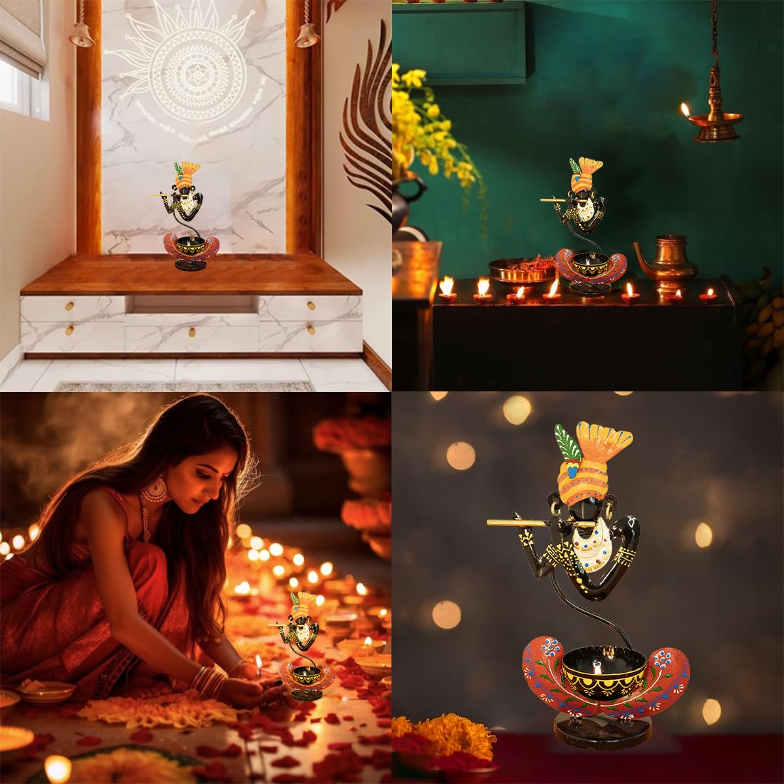 Handcrafted Metal Krishna Tealight Holder – Vibrant Home Decor Accent