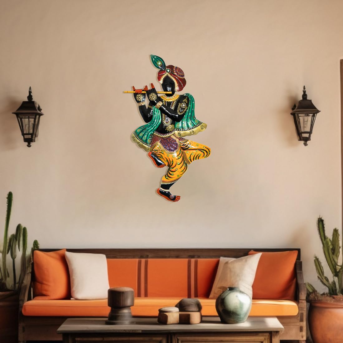Handcrafted Metal Krishna Playing Flute Wall Art (92x52 cm)