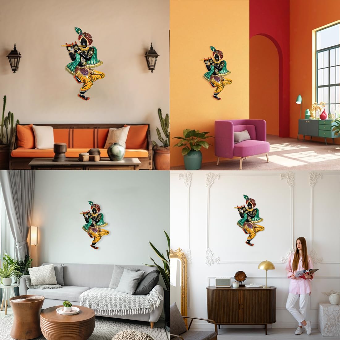 Handcrafted Metal Krishna Playing Flute Wall Art (92x52 cm)